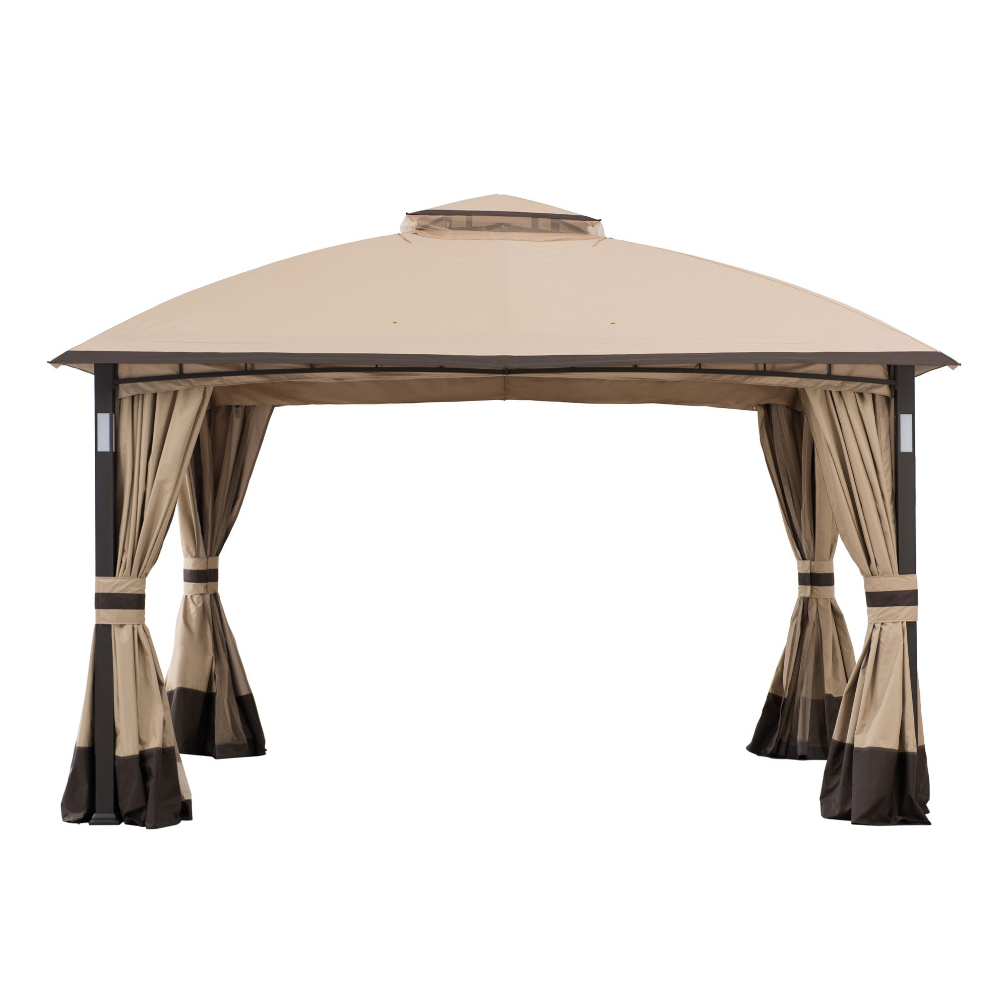 Sunjoy 11 ft. x 13 ft. Tan and Brown Gazebo with LED Lighting and Bluetooth Sound and Curtains