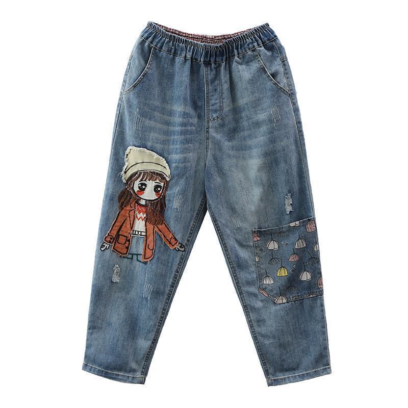 【现货】卡通女孩贴布刺绣牛仔裤女宽松大码大口袋松紧腰哈伦裤