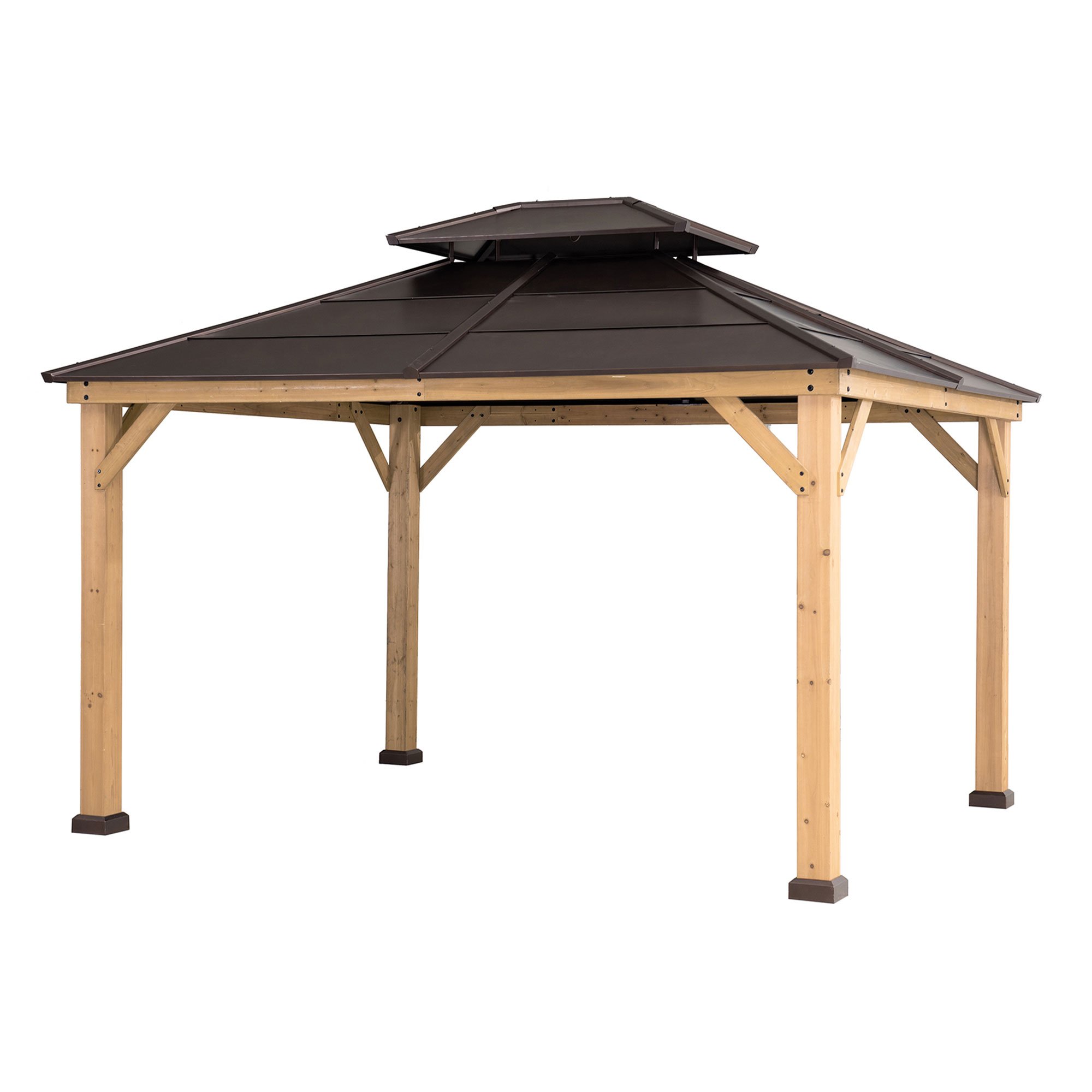 Sunjoy Brown 11 ft. x 13 ft. Cedar Framed Gazebo with 2-tier Steel Roof and Hook