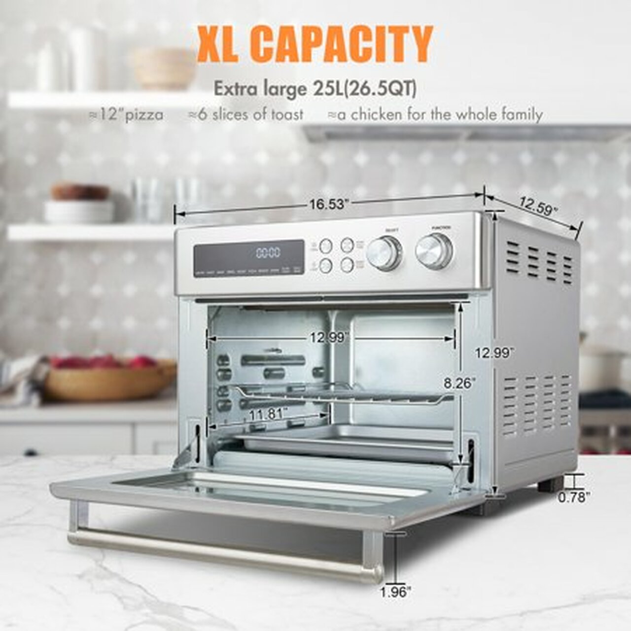 Convection Toaster Oven 10-in-1 Air Fryer 6 Slice, 1750W, 26.5 QT Capacity, Stainless Steel