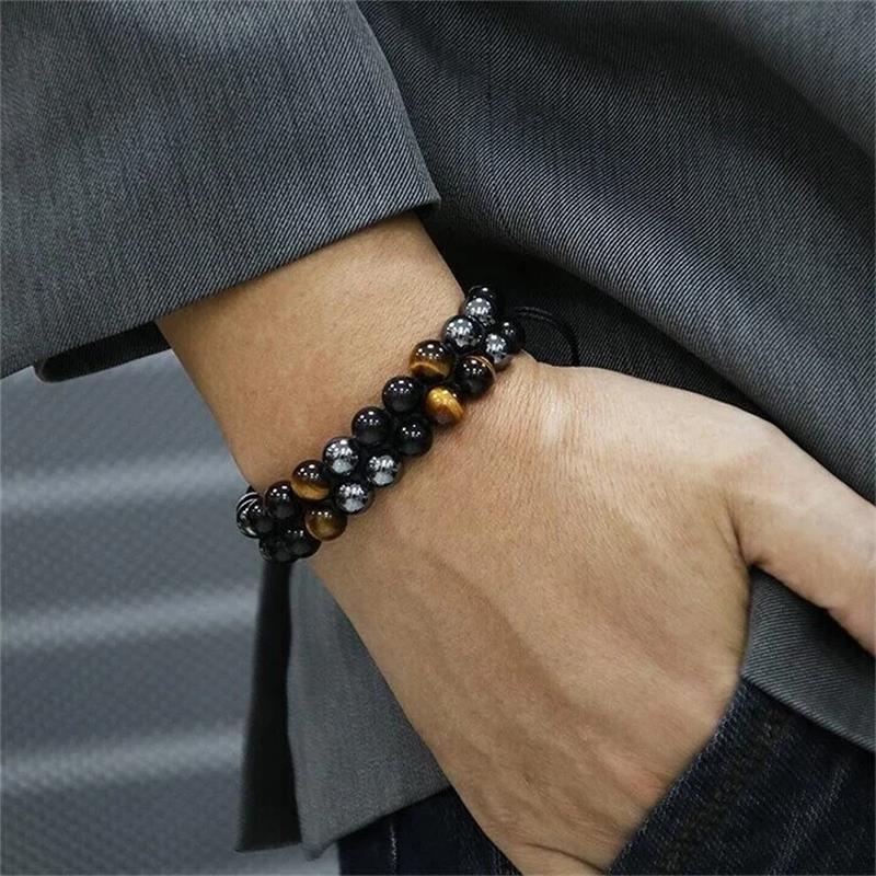 Pulseira de proteção tripla - Olho de tigre genuíno obsidiana e hematita preta