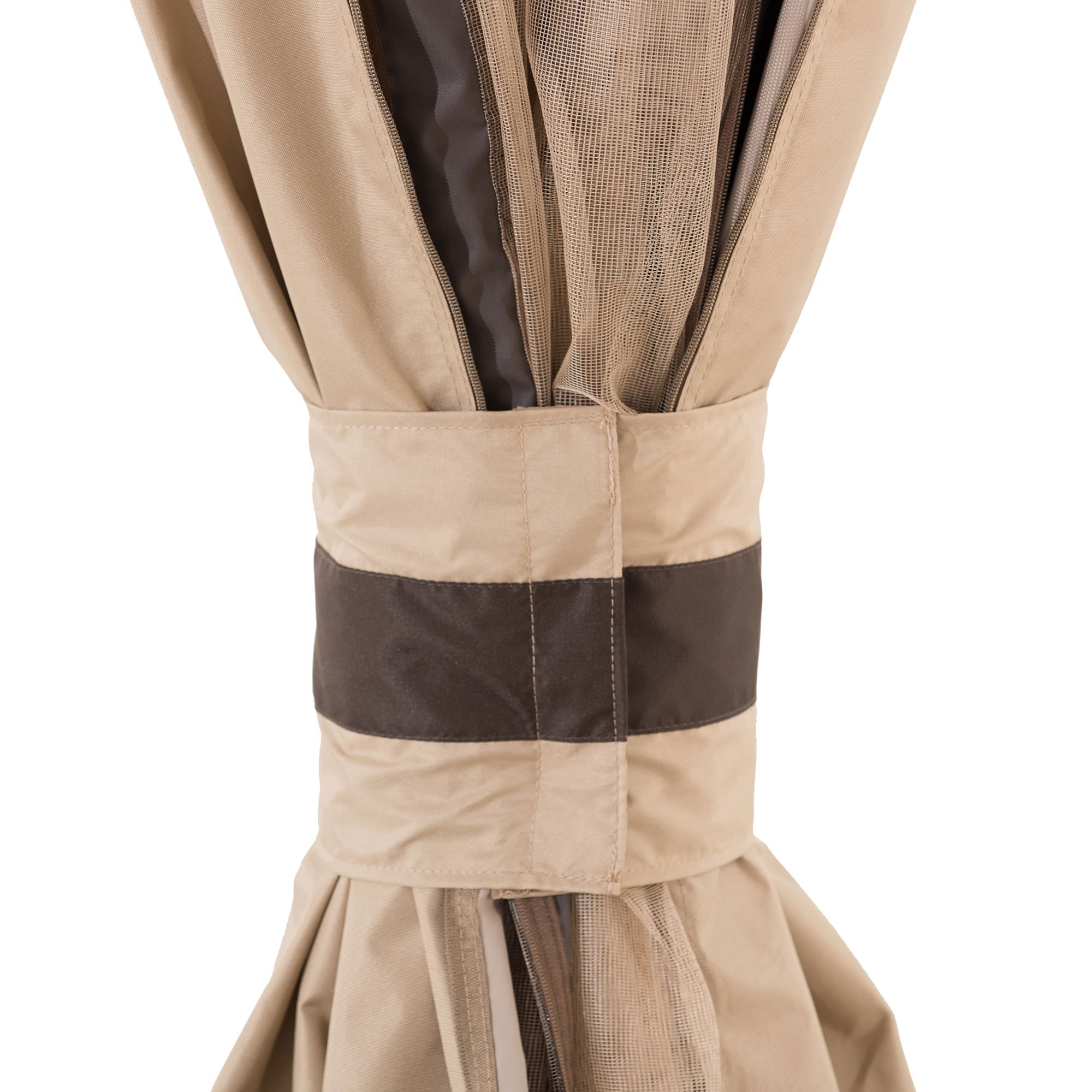 Sunjoy 11 ft. x 13 ft. Tan and Brown Gazebo with LED Lighting and Bluetooth Sound and Curtains