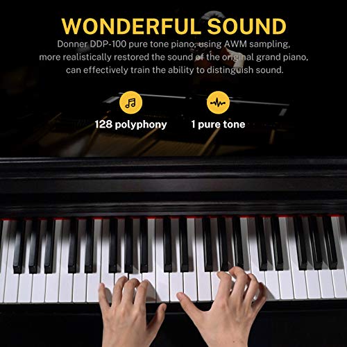 Donner DDP-100 88-Key Weighted Action Digital Piano, Beginner Bundle with Furniture Stand, Power Adapter, Triple Pedals, MP3 Function, Black