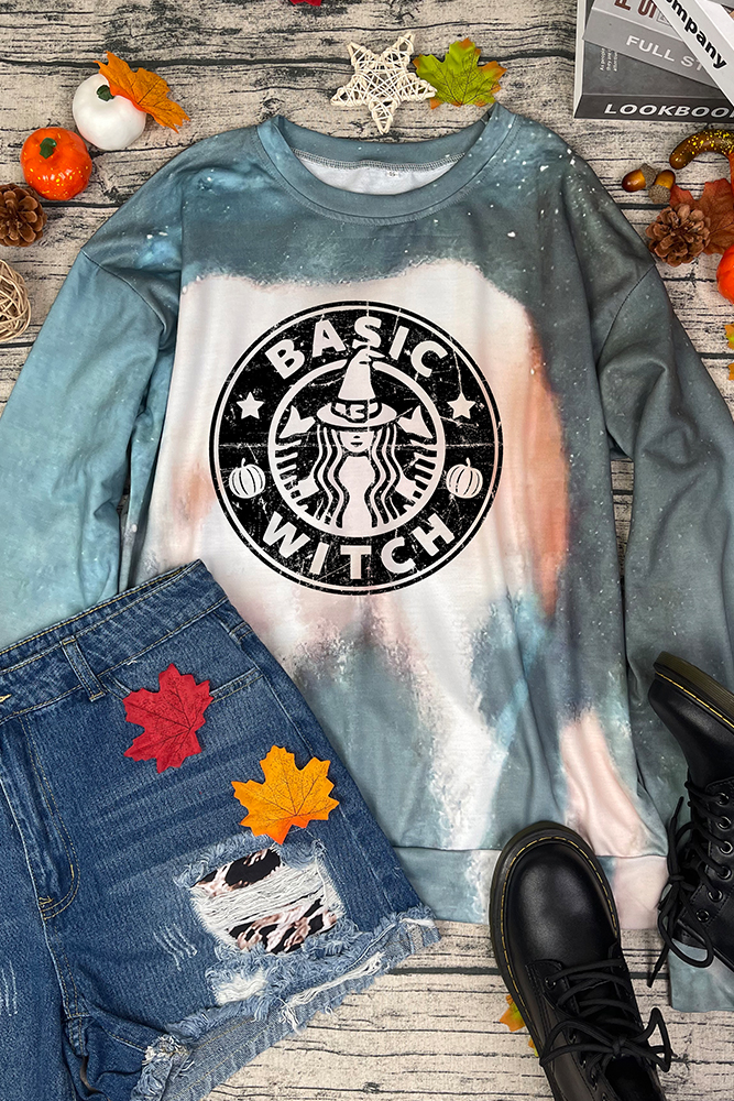Halloween Print Bleached Tie Dye O-neck Sweatshirt Women UNISHE Wholesale