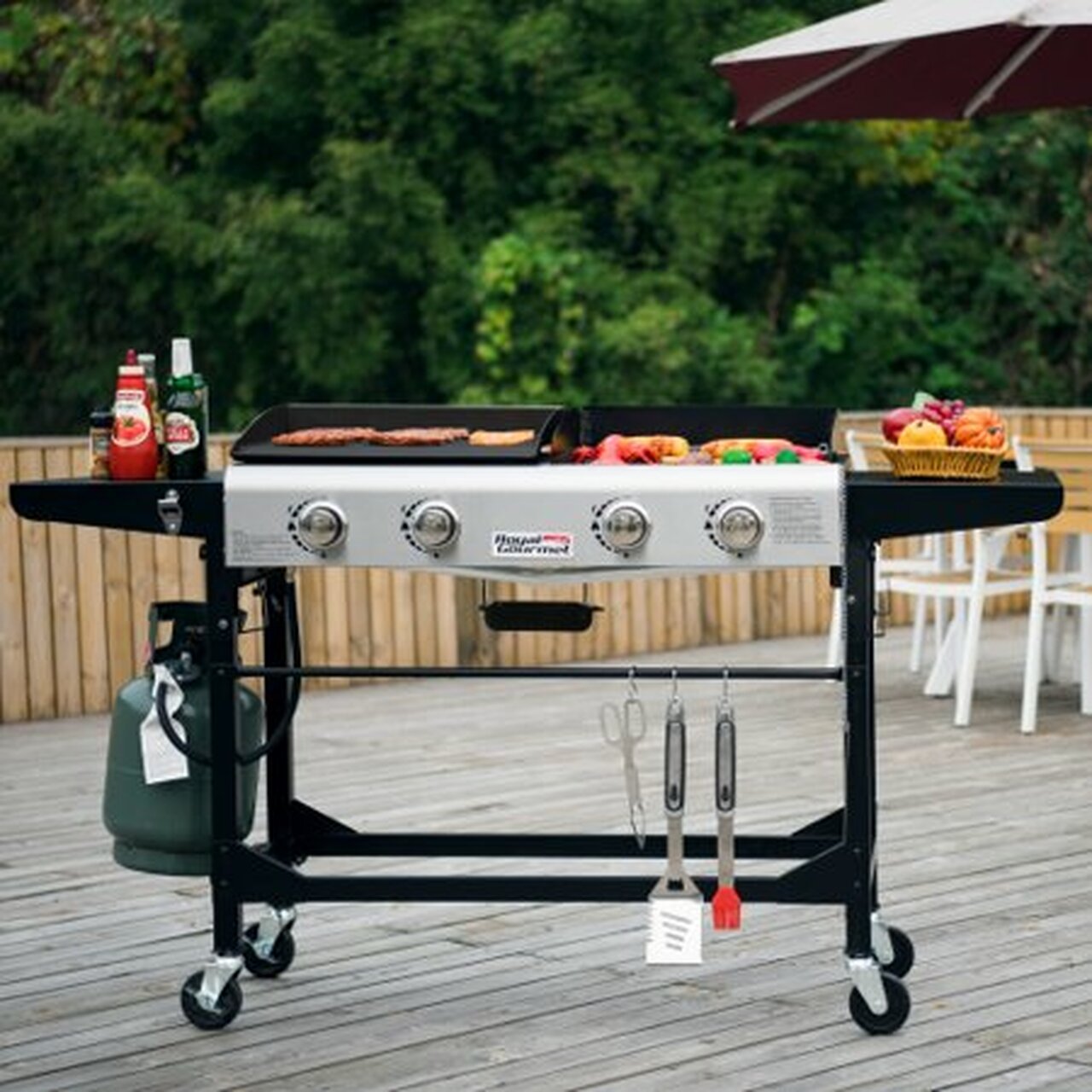 Royal Gourmet GD401 4-Burner Portable Flat Top Gas Grill and Griddle Combo with Folding Legs