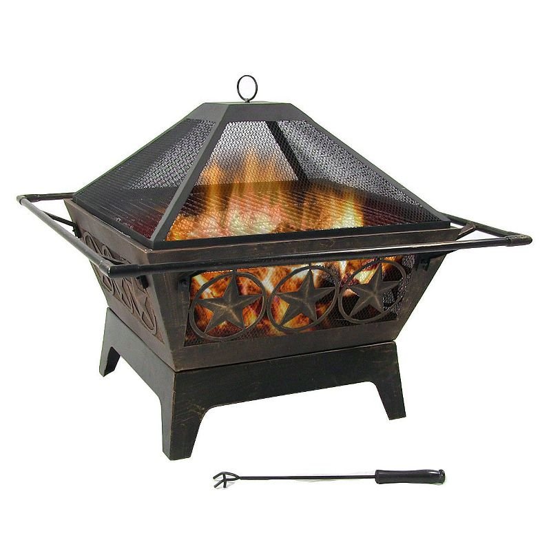 Sunnydaze Outdoor Camping or Backyard Steel Northern Galaxy Fire Pit with Cooking Grill Grate, Spark Screen, and Log Poker – 32″
