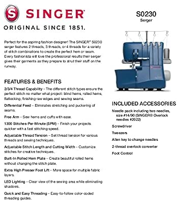 SINGER | Making The Cut S0230 Serger 4 Thread, Differential Feed, 1300 Stitches Per Min-Sewing Made Easy Serger, Blue