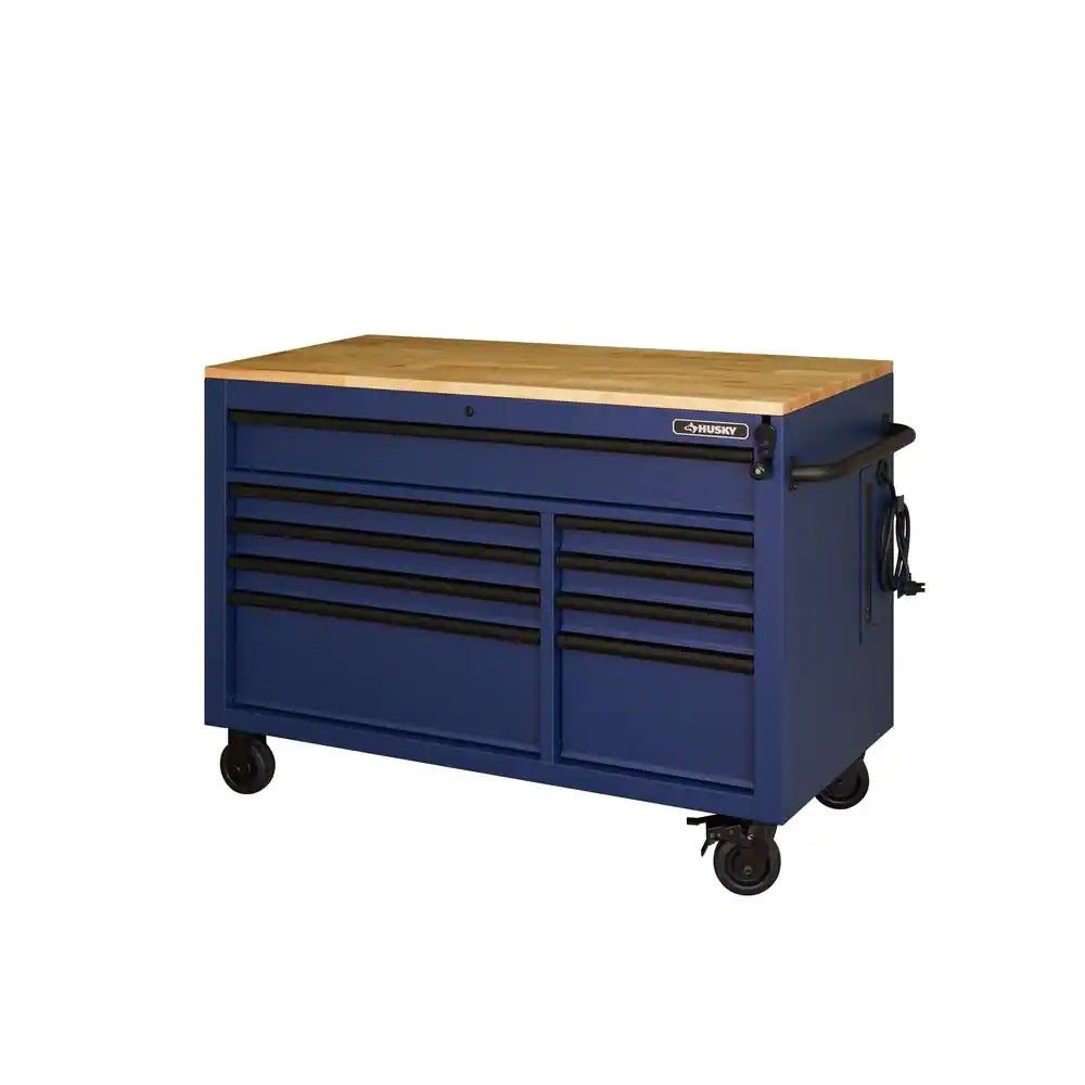 Husky Heavy-Duty 52 in. 9-Drawer Mobile Workbench with Adjustable-Height Solid Wood Top in Matte Blue