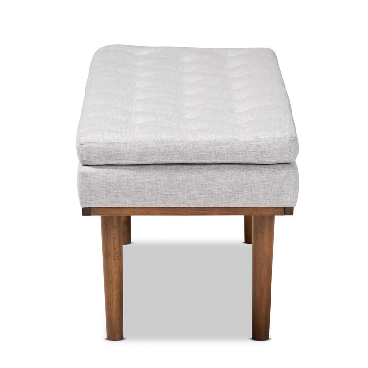 Cutts Mid-Century Modern Greyish Beige Fabric Upholstered Walnut Finished Bench