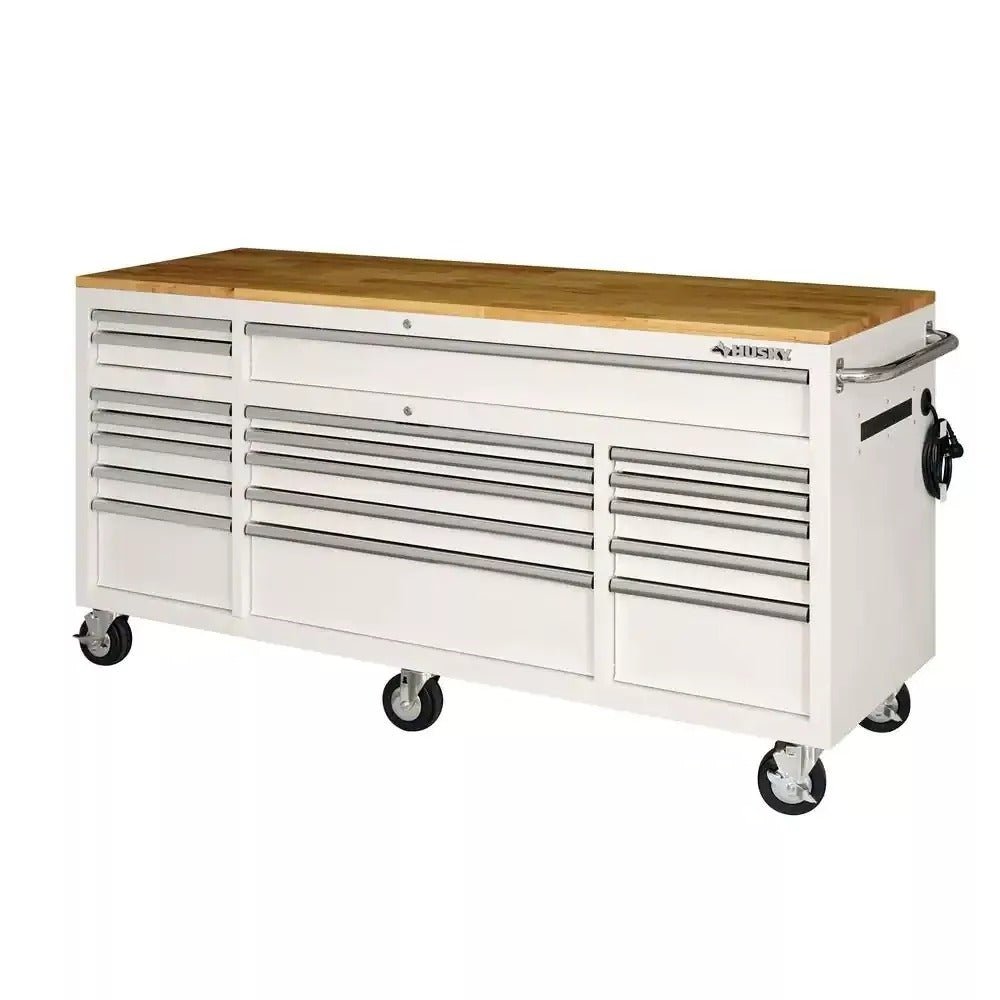 Husky 72 in. 18-Drawer Mobile Workbench with Solid Wood Top in Gloss White