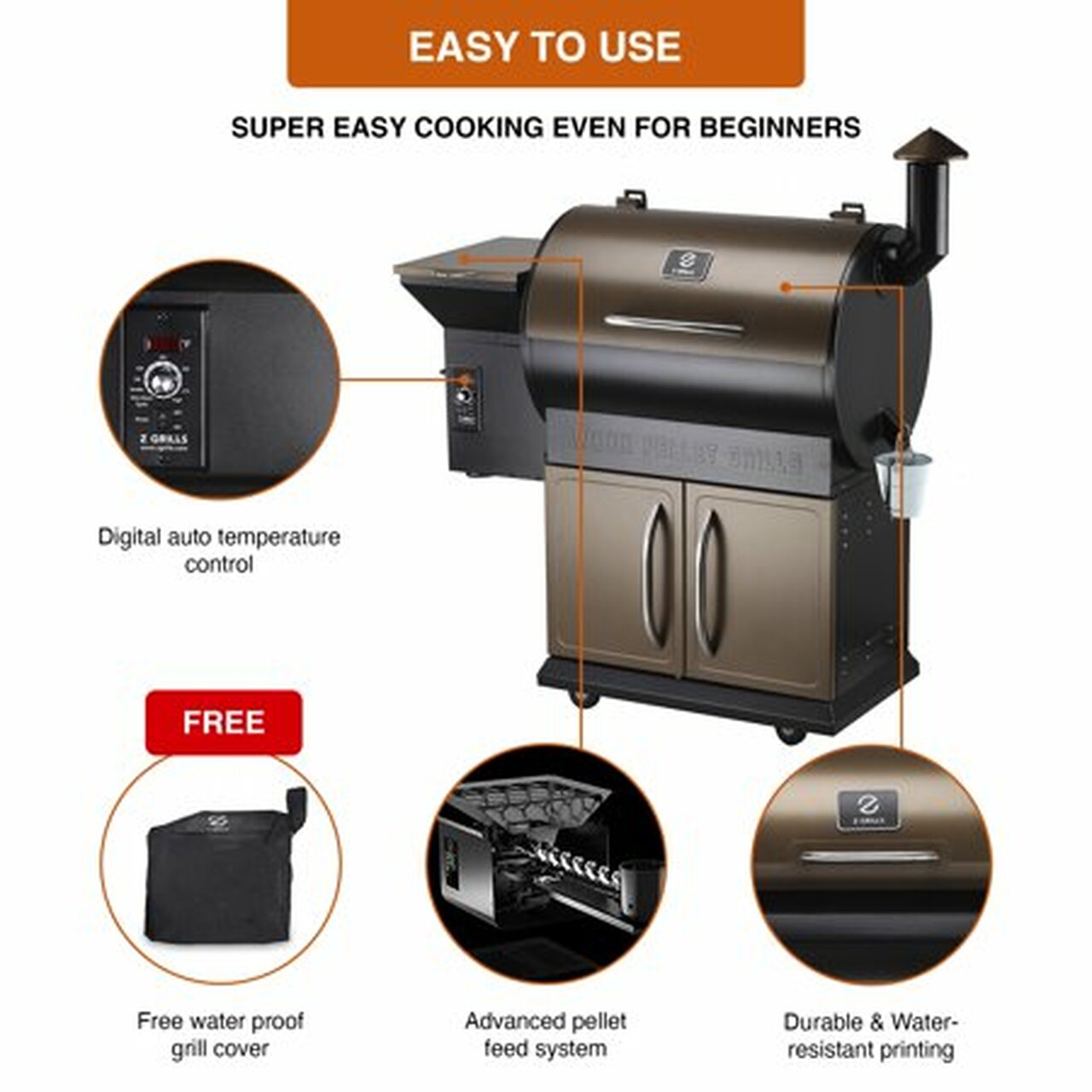 Z GRILLS ZPG-700D 694 sq. in. Wood Pellet Grill and Smoker 8-in-1 BBQ Bronze