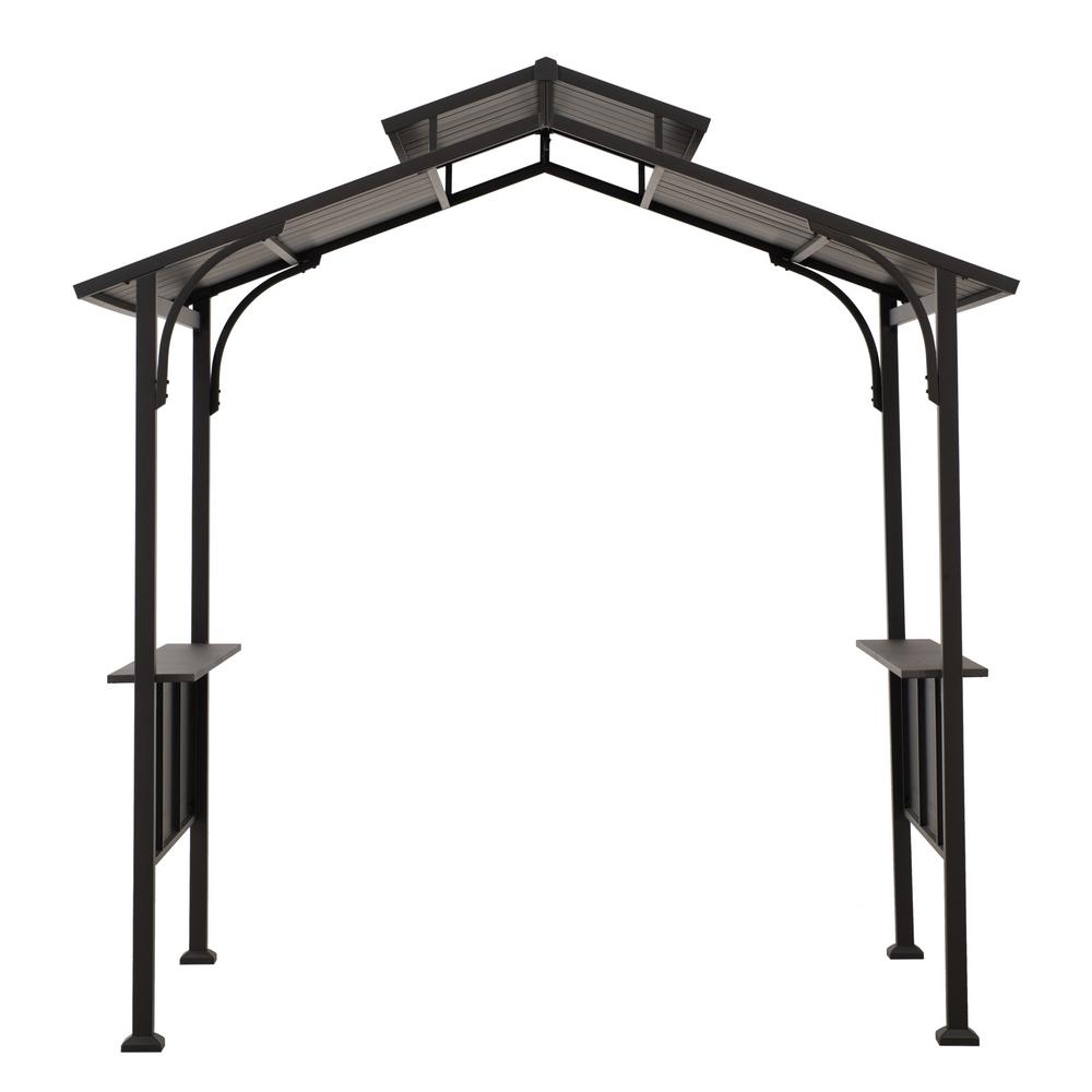 Sunjoy 5 ft. x 8 ft. Brown Steel 2-Tier Grill Gazebo Hardtop with Hook and Shelves