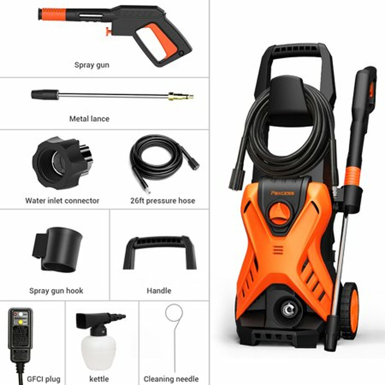 2500PSI Electric Pressure Washer 1.76GPM 1500W Electric Pressure Washer with 26Ft Hose 35Ft Cord GFCI Protection