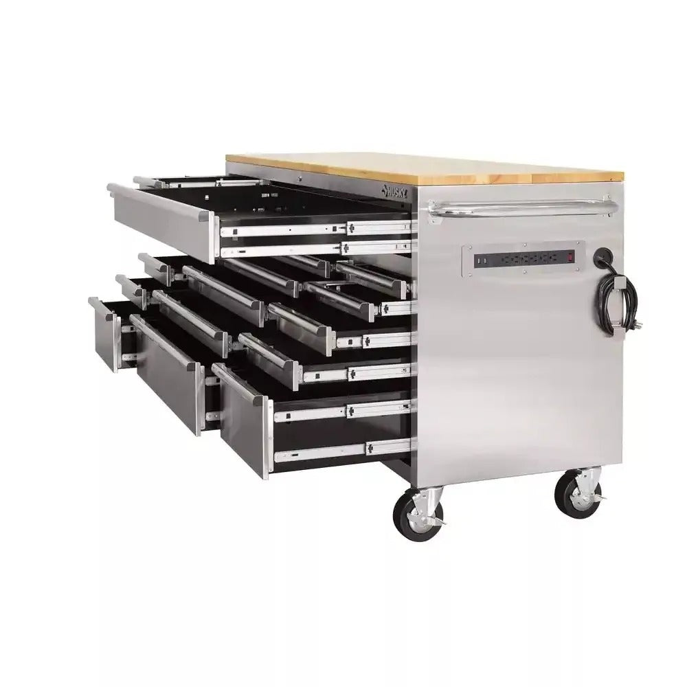 Husky 72 in. 18-Drawer 24 in. D Mobile Workbench with Solid Wood Top Stainless Steel