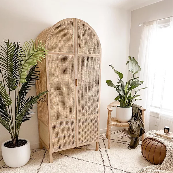 COTTAGE 2-DOOR CANE CLOSET WITH HIDDEN DRAWERS NATURAL WOVEN RATTAN CABINET ASH