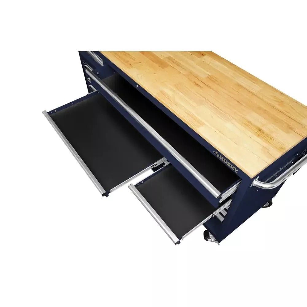 72 in. 18-Drawer Mobile Workbench with Solid Wood Top in Gloss Blue