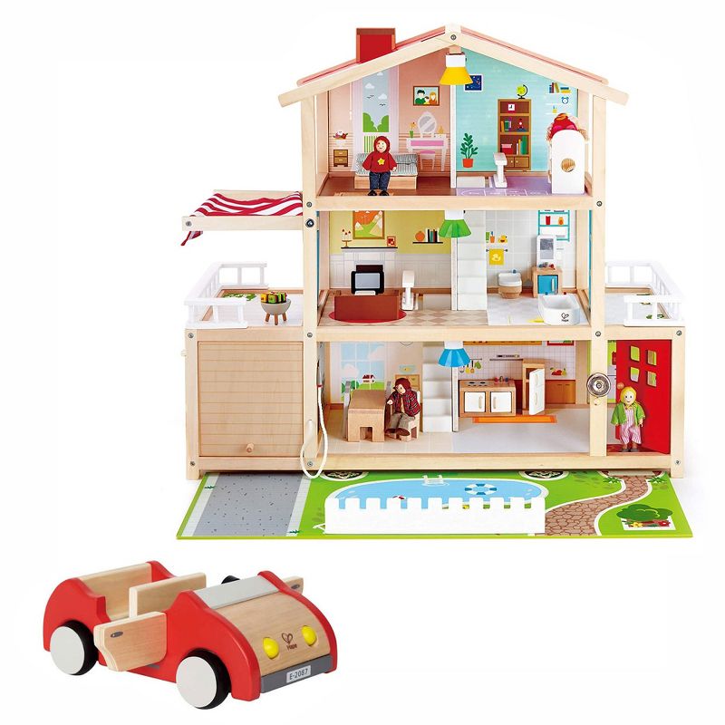 Hape Kids 10 Room Extravagant Wooden Family Play Mansion Doll House Bundle with Wooden Dollhouse Family Play Toy Car Accessory for Ages 3 and Up