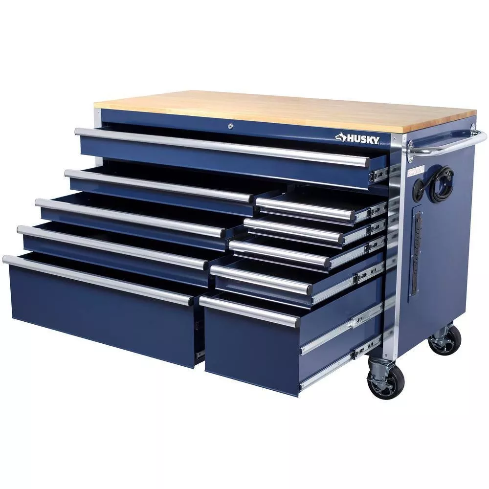 52 in. W x 24.5 in. D 10-Drawer Blue Mobile Workbench with Solid Wood Top