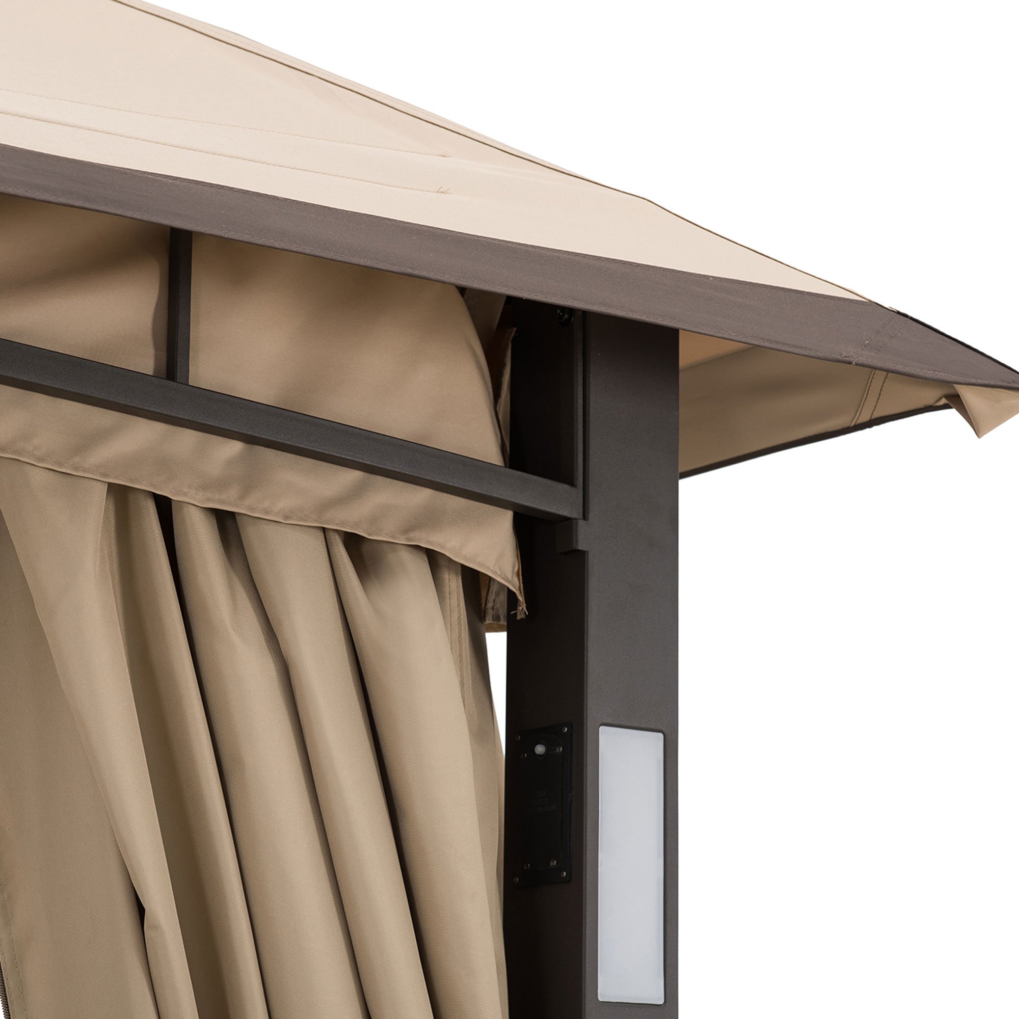 Sunjoy 11 ft. x 13 ft. Tan and Brown Gazebo with LED Lighting and Bluetooth Sound and Curtains