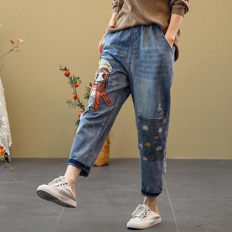 【现货】卡通女孩贴布刺绣牛仔裤女宽松大码大口袋松紧腰哈伦裤