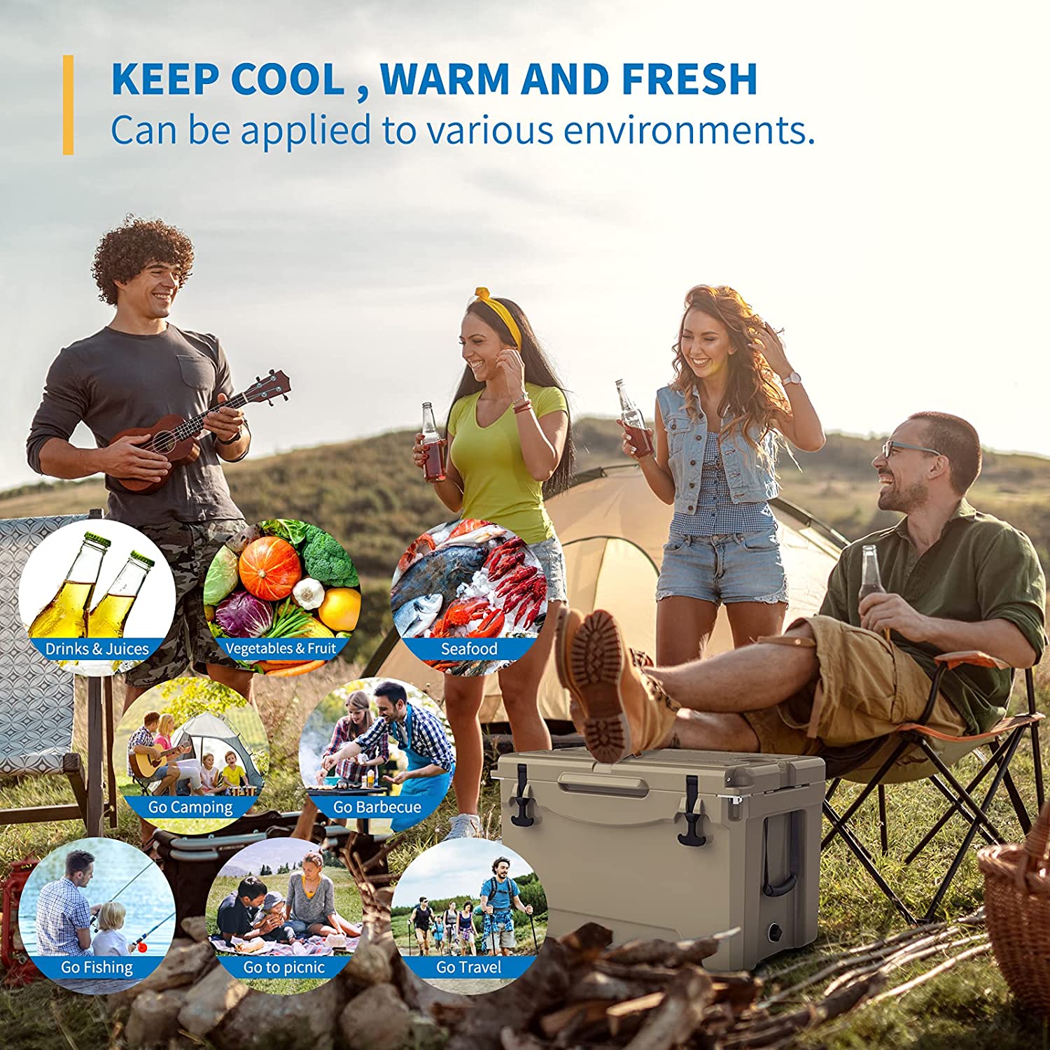 VINGLI Camping Cooler with Wheels and Handle,Portable Wheeled Hard Cooler