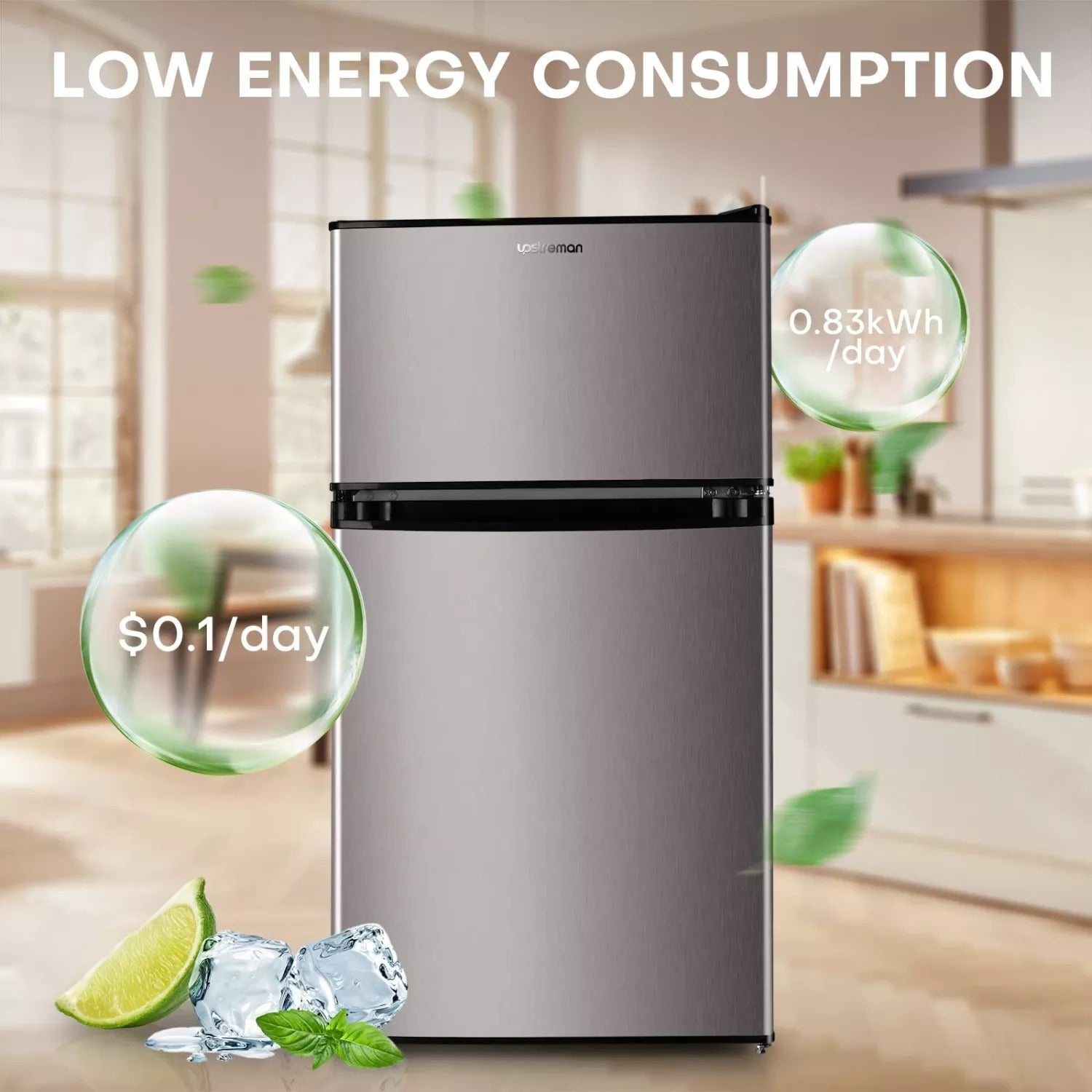 Whirlpool 3.2 Cu.Ft Mini Fridge with Freezer,2 door, Adjustable Thermostat, Low noise, Energy-efficient, Compact Refrigerator for Dorm, Office, Bedroom