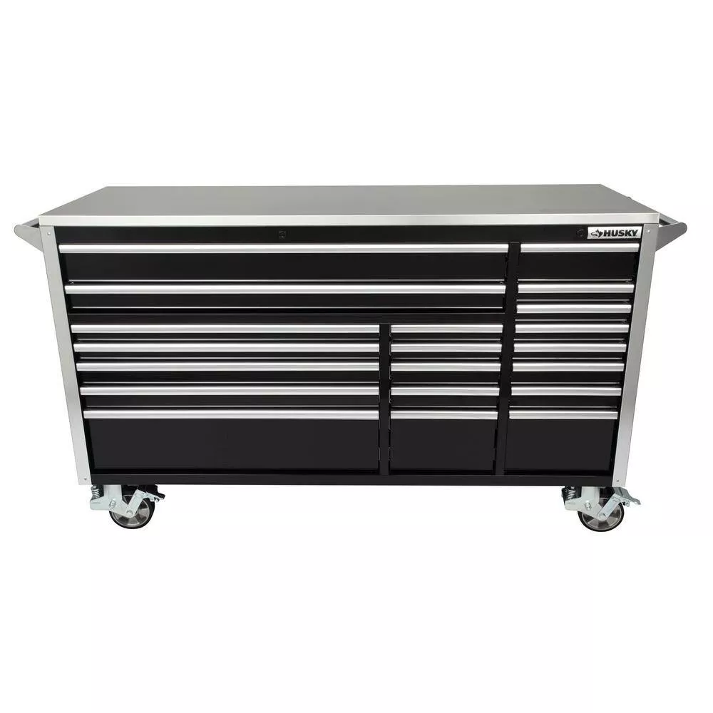 72 in. W x 24.6 in. D Professional Duty 20-Drawer Mobile Workbench Cabinet with Stainless Steel Top in Black