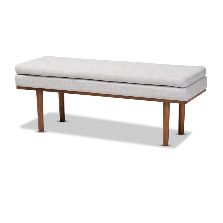 Cutts Mid-Century Modern Greyish Beige Fabric Upholstered Walnut Finished Bench