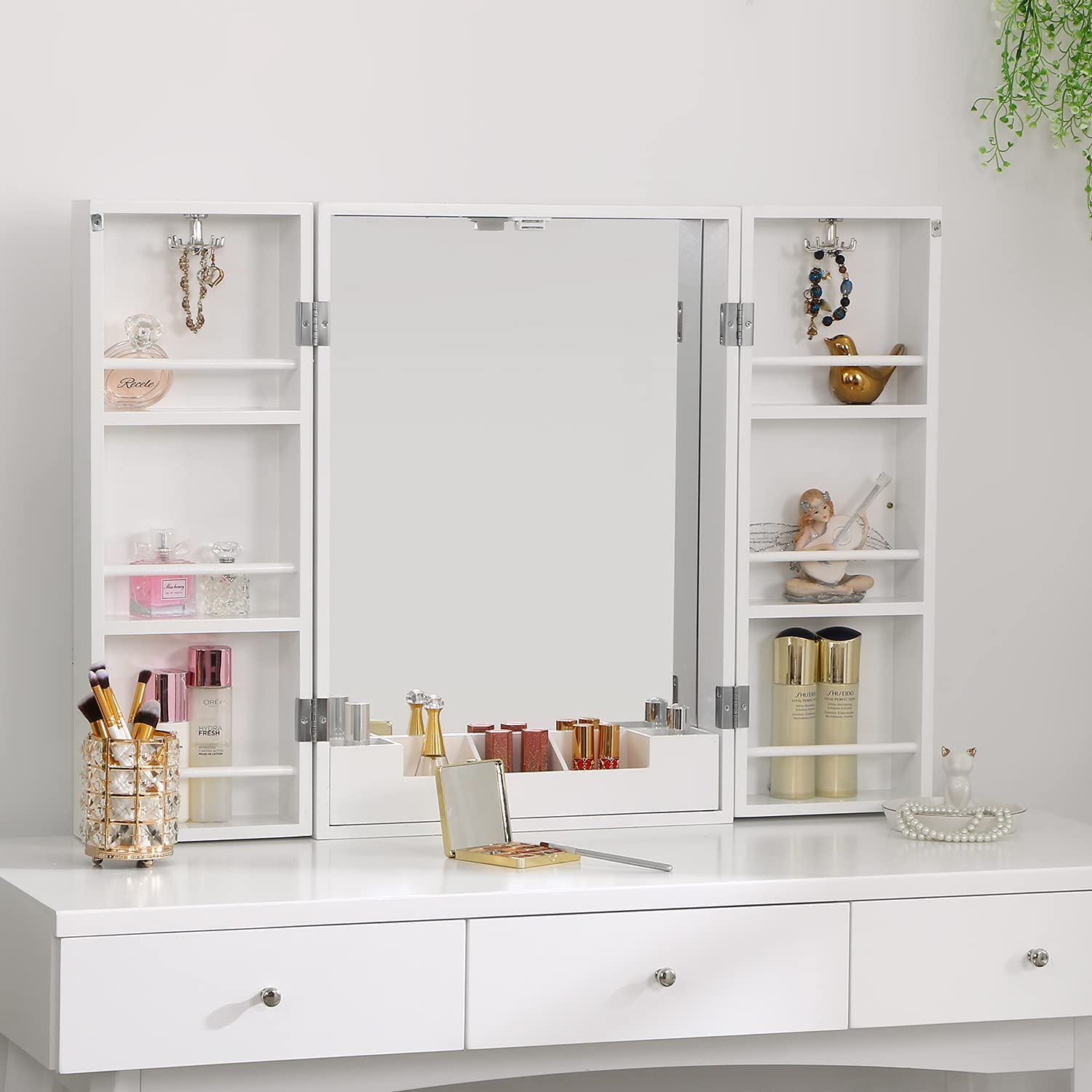 Dresser Set with Mirror, Upholstered Stool, Storage Rack, Makeup Organizer, 3 Drawers