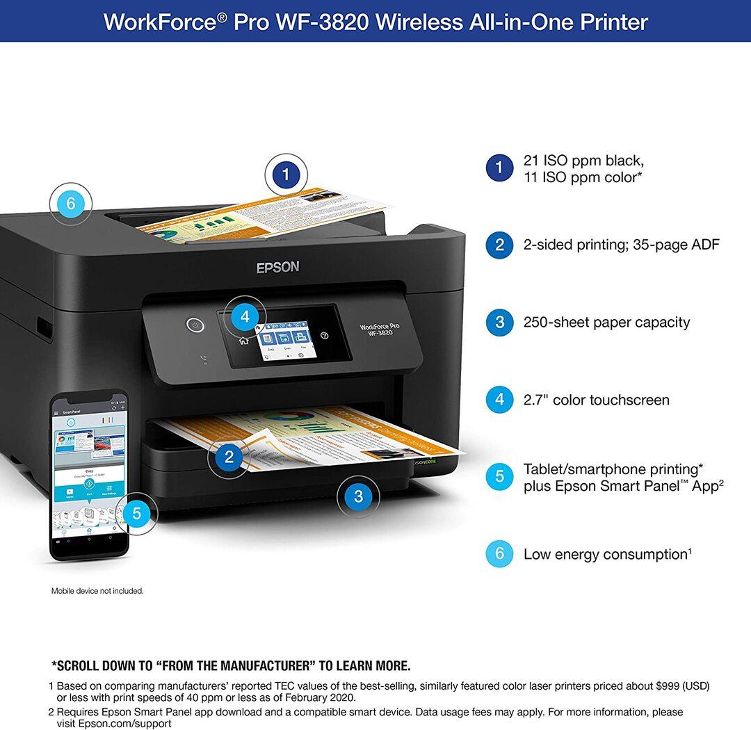 Epson Workforce Pro WF-3820 Wireless Inkjet All-in-One Color Printer, C11CJ07201