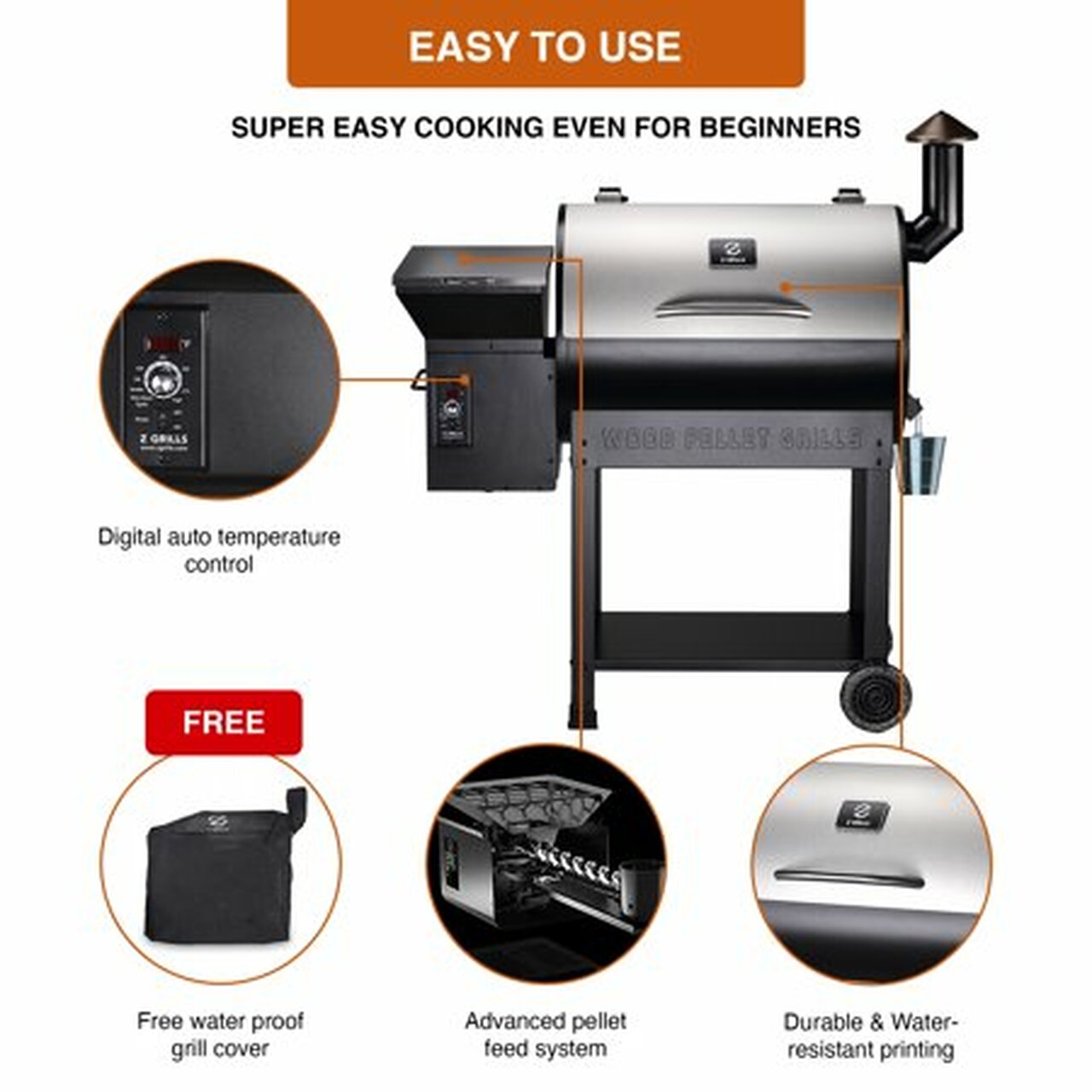 Z GRILLS ZPG-7002E 694 sq. in. Wood Pellet Grill and Smoker 8-in-1 BBQ Stainless Steel
