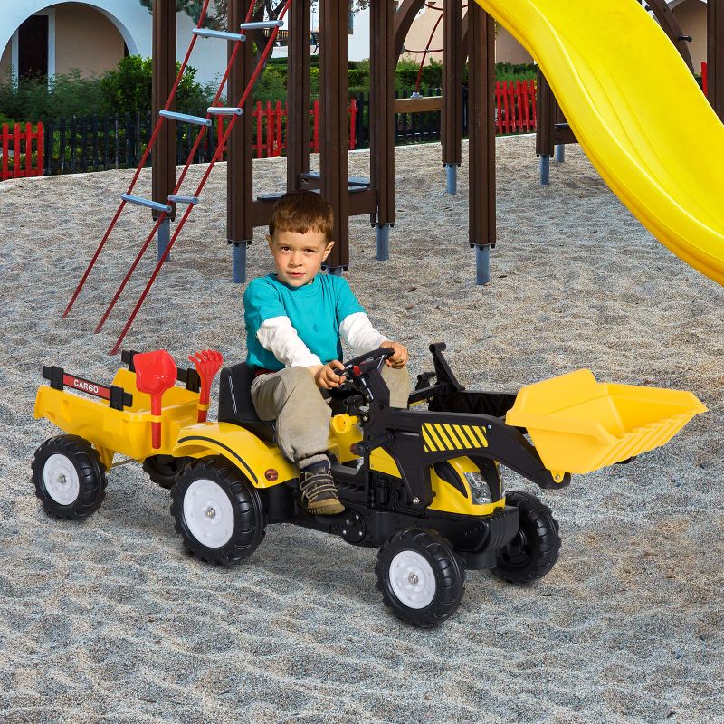 Aosom Ride-On Kids Bulldozer/Excavator Toy with Real Working Dirt Bucket Easy Pedal Controls 6 Wheels & Cargo Trailer